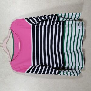 04513 Talbots pink, navy & green striped L/S cotton shirt M